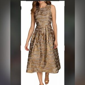 Donna Karan Brocade Midi A Line Dress With Illusion Neckline